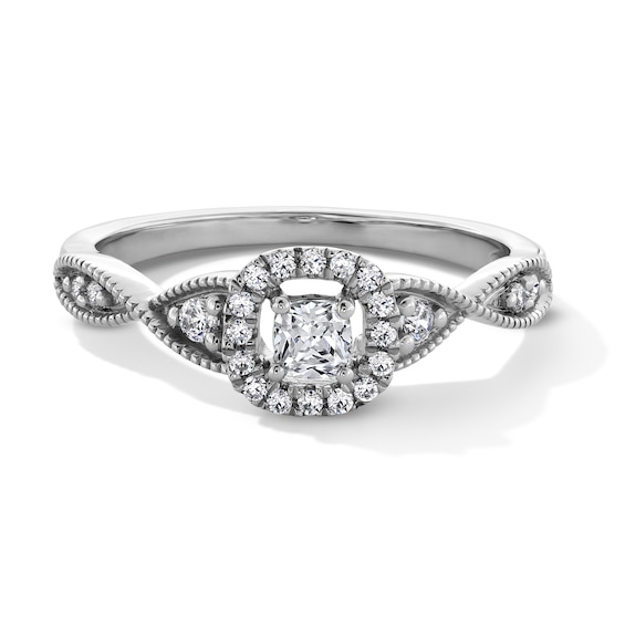 1/3 CT. T.w. Cushion-Cut Certified Lab-Grown Diamond Frame Twist Shank Vintage-Style Promise Ring in 10K White Gold
