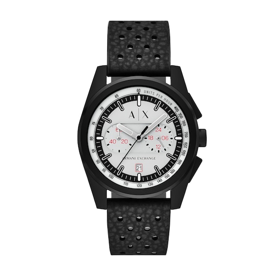 Menâs Armani Exchange Parker Black IP Rubber Strap Chronograph Watch with Light Grey Dial (Model: Ax2865)