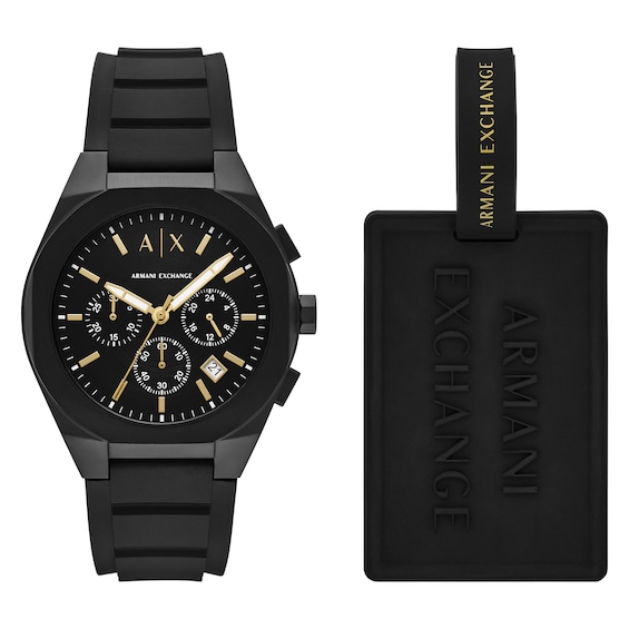 Menâs Armani Exchange Black IP Chronograph Watch with Black Dial and Luggage Tag Set (Model: Ax7165Set)
