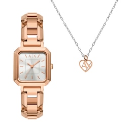 Ladies’ Armani Exchange  Rose-Tone IP Watch with Silver-Tone Dial and Pendant Box Set (Model: AX7167SET)