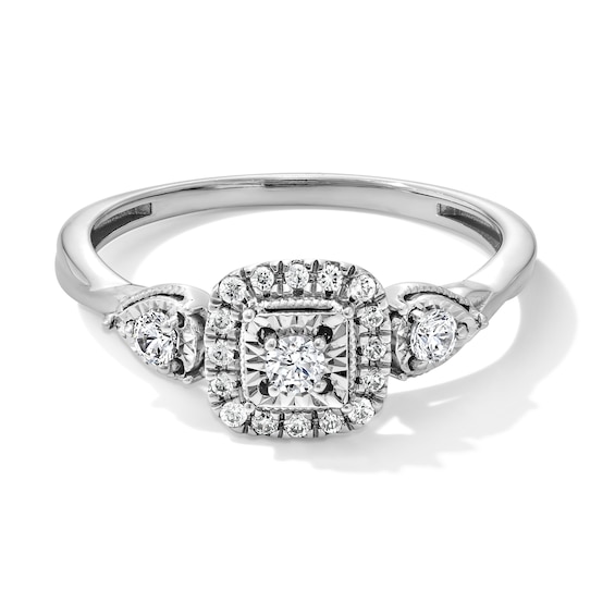 1/4 CT. T.w. Diamond Cushion Frame Petal-Sides Three Stone Engagement Ring in 10K White Gold
