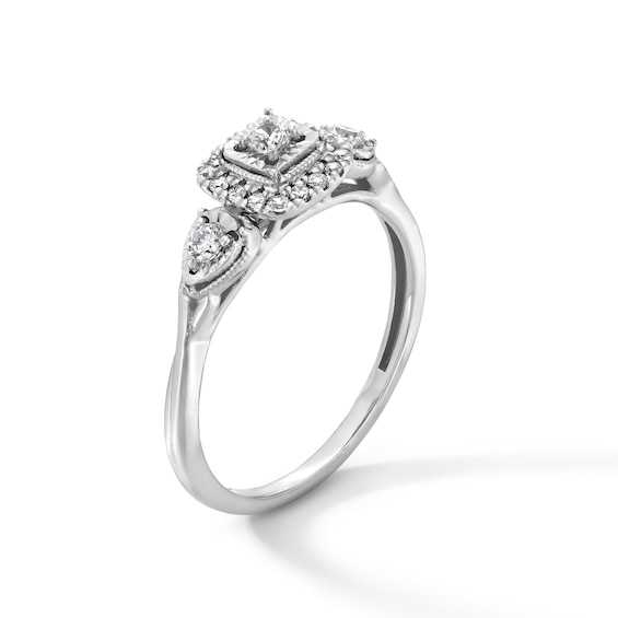 1/4 CT. T.w. Diamond Cushion Frame Petal-Sides Three Stone Engagement Ring in 10K White Gold
