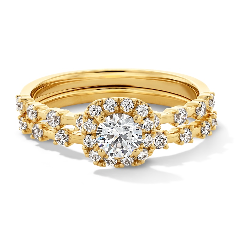 Main Image 1 of 7/8 CT. T.W. Diamond Cushion Frame Station Shank Bridal Set in 14K Gold