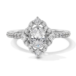 7/8 CT. T.W. Oval Diamond Quatrefoil Frame Art Deco Engagement Ring in 14K White Gold