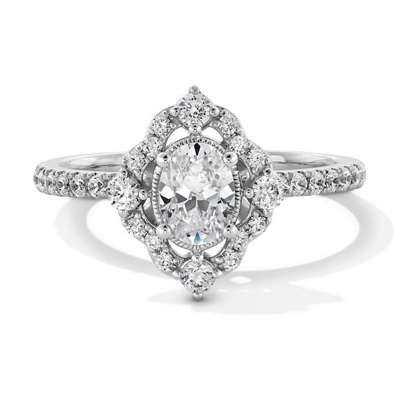 7/8 CT. T.w. Oval Diamond Quatrefoil Frame Art Deco Engagement Ring in 14K White Gold