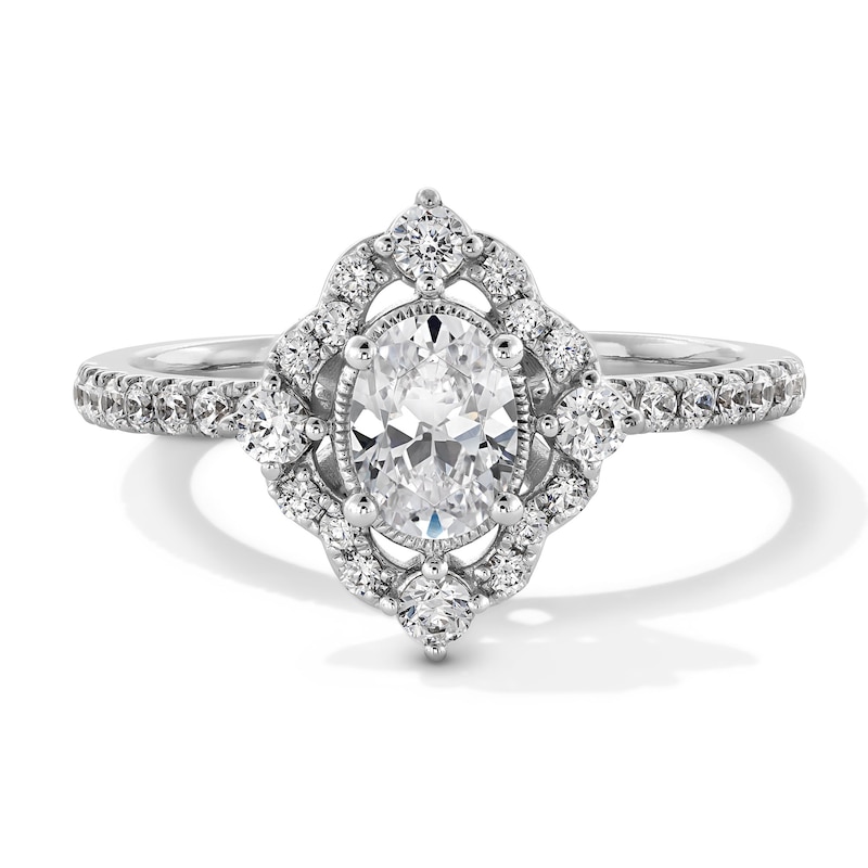 Main Image 1 of 7/8 CT. T.W. Oval Diamond Quatrefoil Frame Art Deco Engagement Ring in 14K White Gold