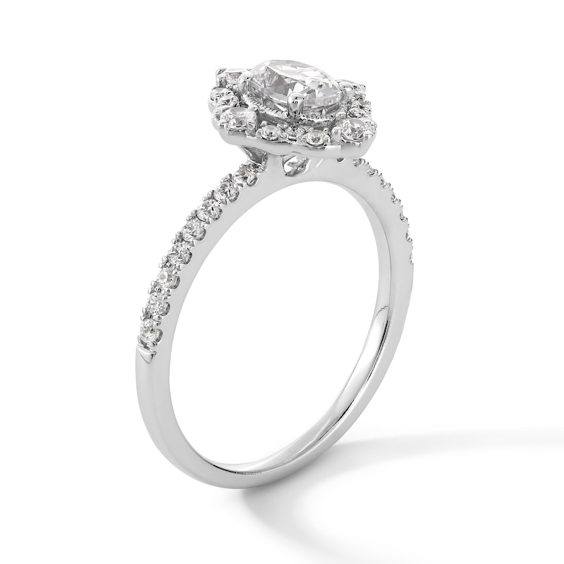 Main Image 3 of 7/8 CT. T.W. Oval Diamond Quatrefoil Frame Art Deco Engagement Ring in 14K White Gold