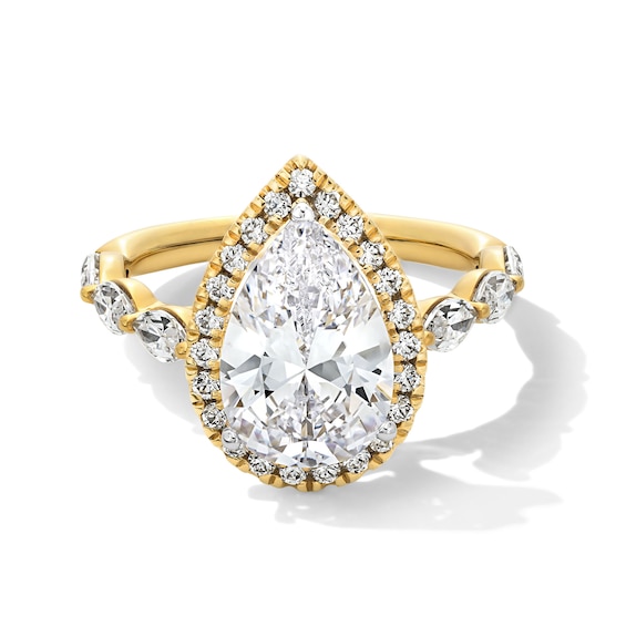 4 CT. T.w. Pear-Shaped Certified Lab-Grown Diamond Frame Scallop Shank Engagement Ring in 14K Gold (F/Vs2)