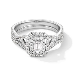 1 CT. T.W. Emerald-Cut Diamond Double Cushion Frame Crossover Shank Bridal Set in 14K White Gold