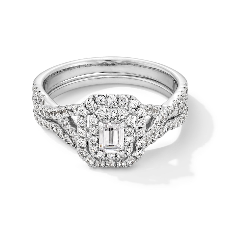 Main Image 1 of 1 CT. T.W. Emerald-Cut Diamond Double Cushion Frame Crossover Shank Bridal Set in 14K White Gold