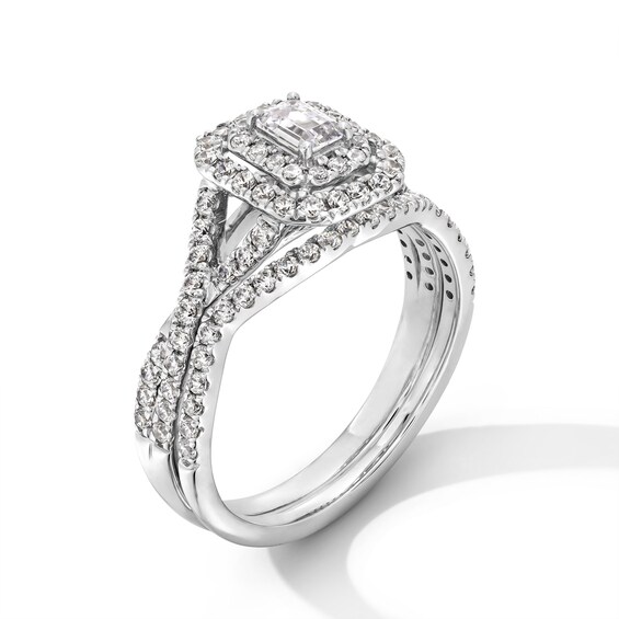 1 CT. T.w. Emerald-Cut Diamond Double Cushion Frame Crossover Shank Bridal Set in 14K White Gold