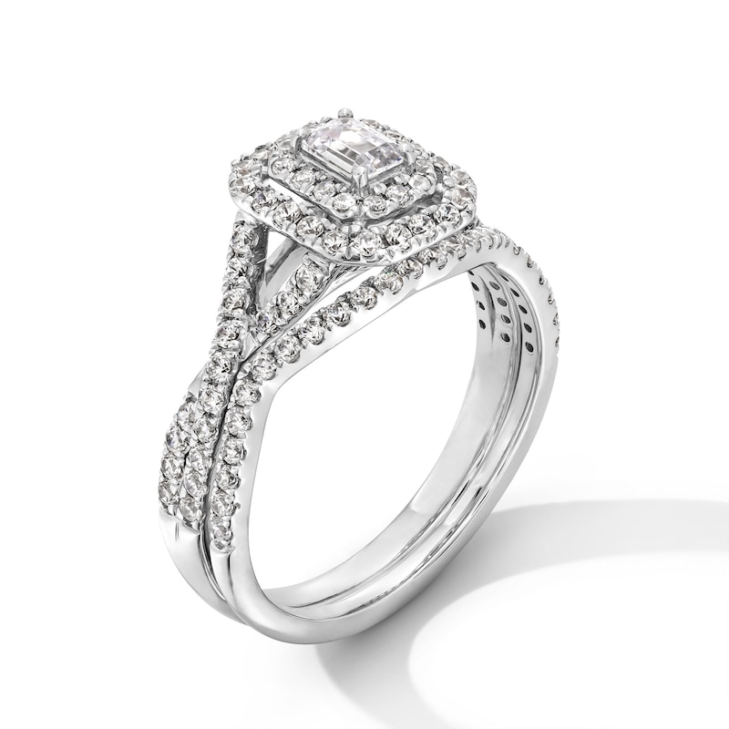 Main Image 3 of 1 CT. T.W. Emerald-Cut Diamond Double Cushion Frame Crossover Shank Bridal Set in 14K White Gold