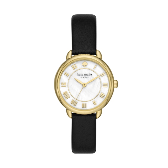 Ladies' Kate Spade Lily Avenue Gold-Tone IP Black Leather Strap Watch with Mother-of-Pearl Dial (Model: Ksw1840)