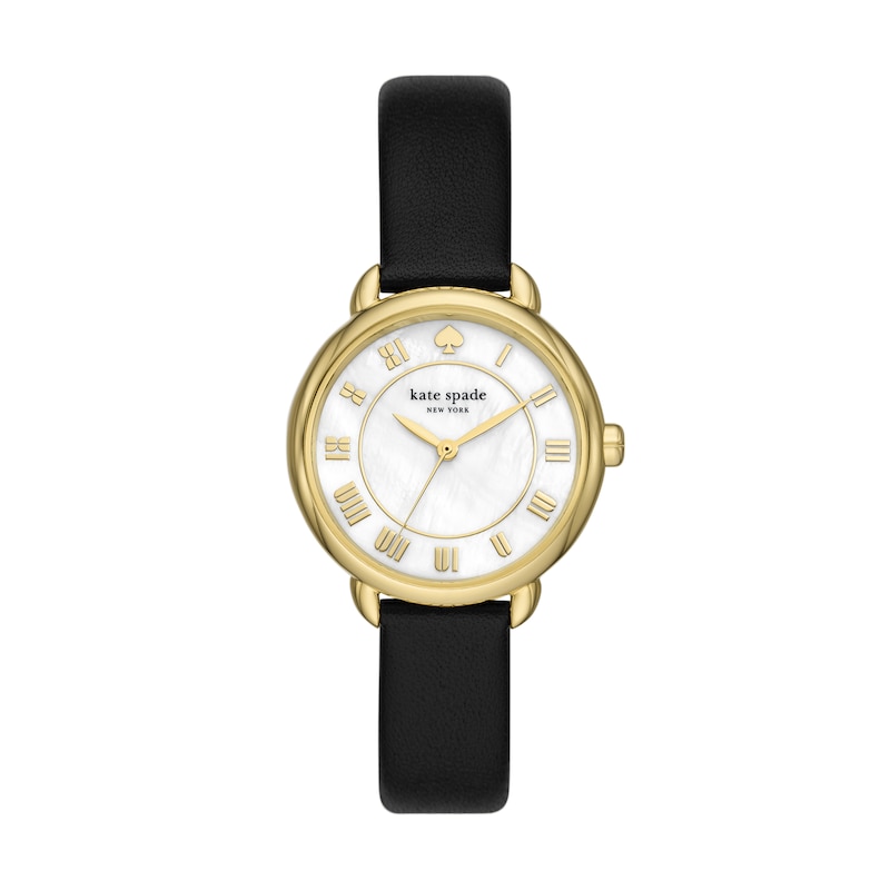 Main Image 1 of Ladies' Kate Spade Lily Avenue Gold-Tone IP Black Leather Strap Watch with Mother-of-Pearl Dial (Model: KSW1840)