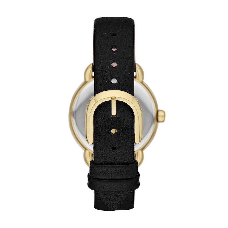 Main Image 2 of Ladies' Kate Spade Lily Avenue Gold-Tone IP Black Leather Strap Watch with Mother-of-Pearl Dial (Model: KSW1840)