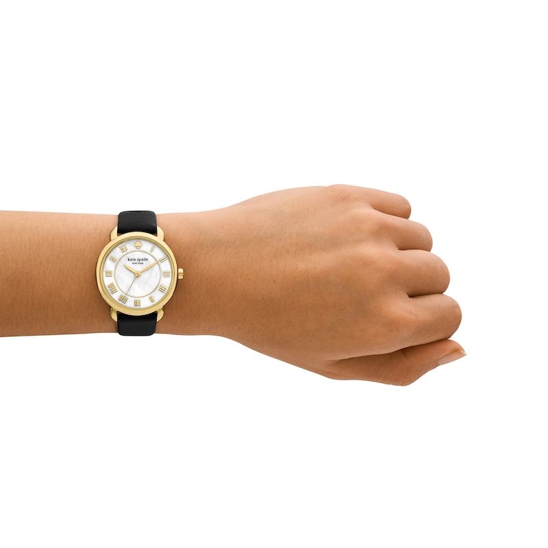 Main Image 4 of Ladies' Kate Spade Lily Avenue Gold-Tone IP Black Leather Strap Watch with Mother-of-Pearl Dial (Model: KSW1840)