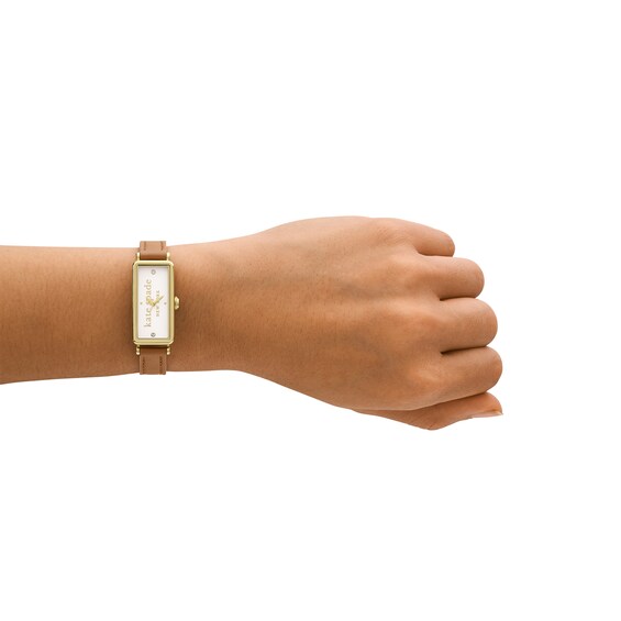 Ladies' Kate Spade Rosedale Gold-Tone IP Brown Leather Strap Watch with Rectangular White Dial (Model: Ksw1842)