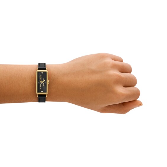 Ladies' Kate Spade Rosedale Gold-Tone IP Black Leather Strap Watch with Rectangular Black Dial (Model: Ksw1847)