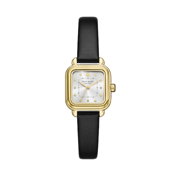 Ladies' Kate Spade Gracie Gold-Tone IP Black Leather Strap Watch with Square Silver-Tone Dial (Model: Ksw1865)
