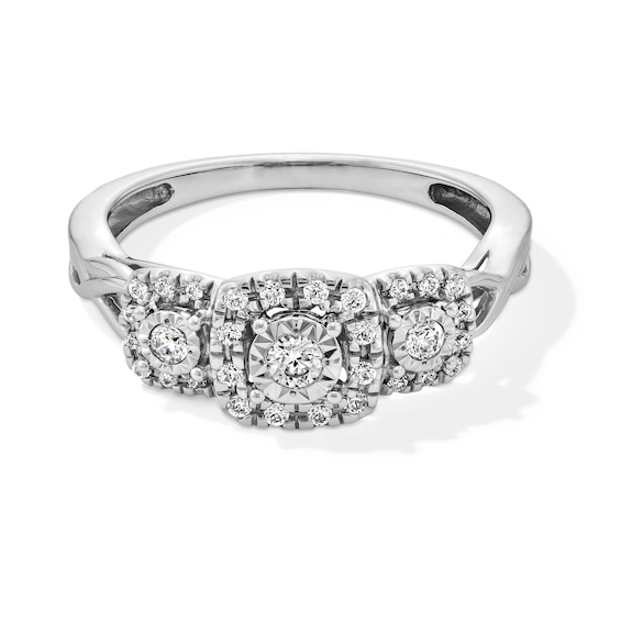 1/4 CT. T.w. Diamond Cushion Frame Three Stone Crossover Shank Engagement Ring in 10K White Gold