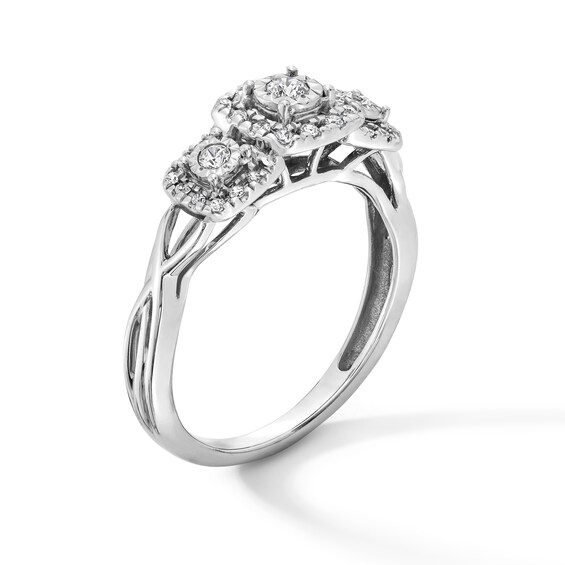 1/4 CT. T.w. Diamond Cushion Frame Three Stone Crossover Shank Engagement Ring in 10K White Gold