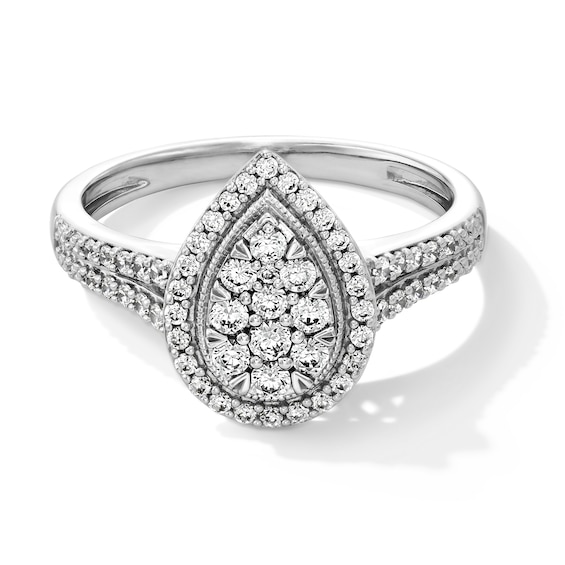 1/2 CT. T.w. Pear-Shaped Multi-Diamond Frame Split Shank Engagement Ring in 10K White Gold