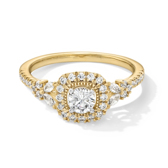 3/4 CT. T.w. Diamond Cushion Frame Leaf-Sides Engagement Ring in 14K Gold