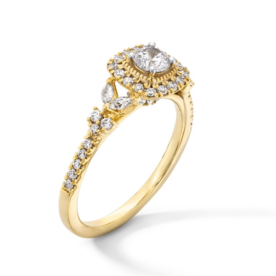 3/4 CT. T.w. Diamond Cushion Frame Leaf-Sides Engagement Ring in 14K Gold
