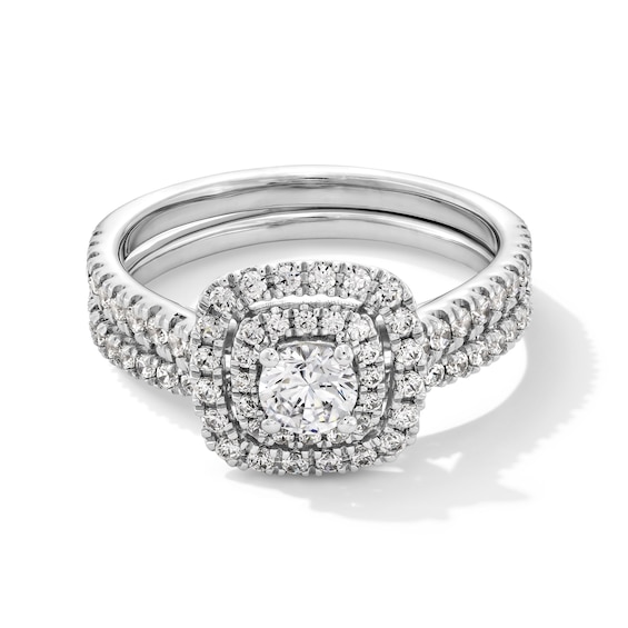 1 CT. T.w. Diamond Double Cushion Frame Bridal Set in 14K White Gold