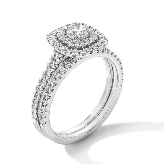 1 CT. T.w. Diamond Double Cushion Frame Bridal Set in 14K White Gold
