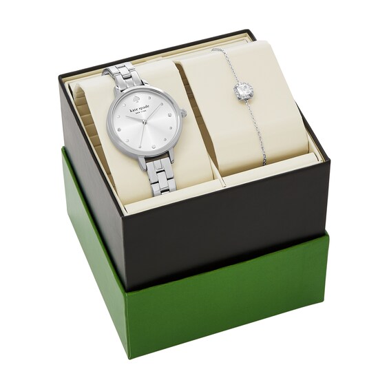 Ladiesâ Kate Spade Metro Watch with Silver-Tone Dial and Faux Crystal Bracelet Box Set (Model: Ksw9075Set)
