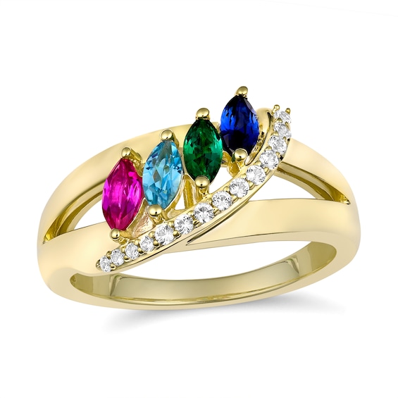 Mother's Marquise-Cut Birthstone and White Lab-Created Sapphire Open Shank Ring (2-4 Stones)