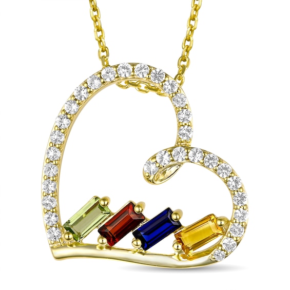 Mother's Baguette-Cut Birthstone and White Lab-Created Sapphire Tilted Heart Pendant (2-4 Stones)