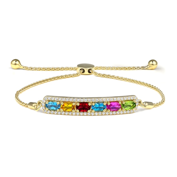 Mother's Oval Birthstone and White Lab-Created Sapphire Bar Bolo Bracelet (6 Stones) - 9.5"