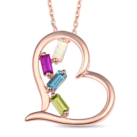 Mother's Baguette-Cut Birthstone Tilted Heart Pendant (2-4 Stones)