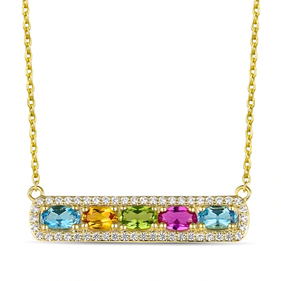 Mother's Oval Birthstone and White Lab-Created Sapphire Bar Necklace (5 Stones)