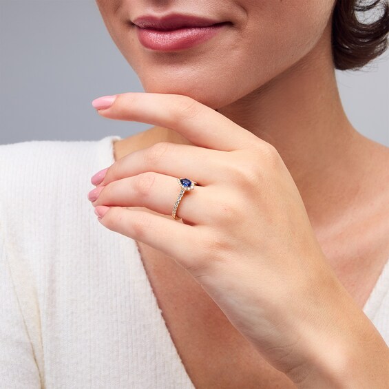 Vera Wang Love Collection Pear-Shaped Blue Sapphire and 1/2 CT. T.w. Diamond Frame Engagement Ring in 14K Gold