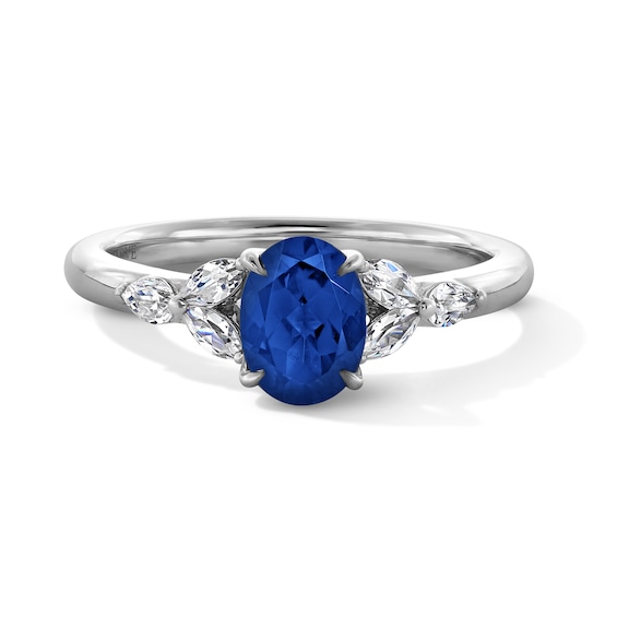 Vera Wang Love Collection Oval Blue Sapphire and 1/4 CT. T.w. Diamond Leaf-Sides Engagement Ring in 14K White Gold