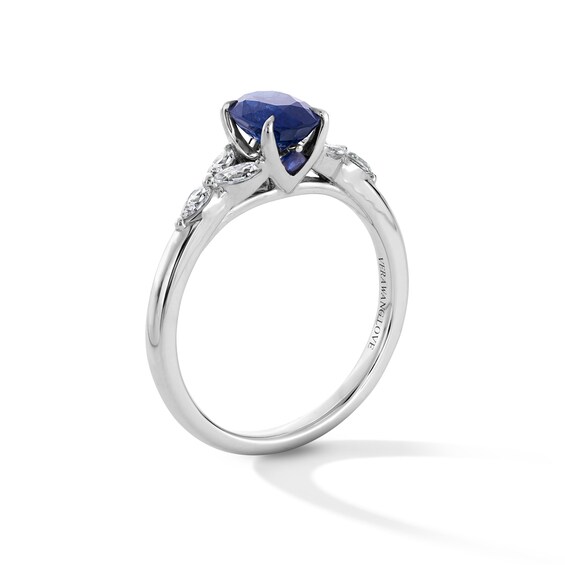 Vera Wang Love Collection Oval Blue Sapphire and 1/4 CT. T.w. Diamond Leaf-Sides Engagement Ring in 14K White Gold
