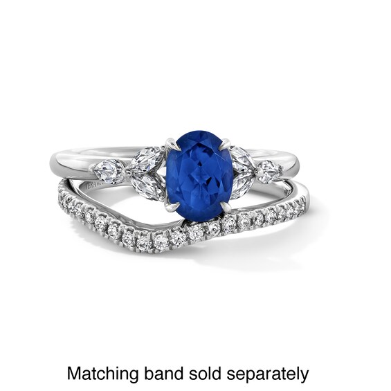 Vera Wang Love Collection Oval Blue Sapphire and 1/4 CT. T.w. Diamond Leaf-Sides Engagement Ring in 14K White Gold