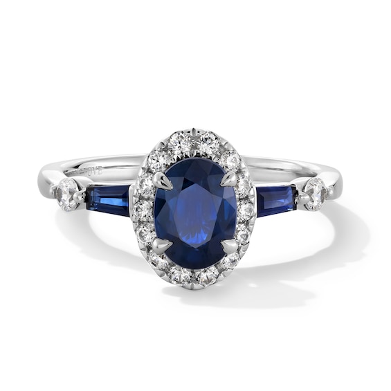 Vera Wang Love Collection Oval Blue Sapphire and 1/4 CT. T.w. Diamond Frame Collar Engagement Ring in 14K White Gold