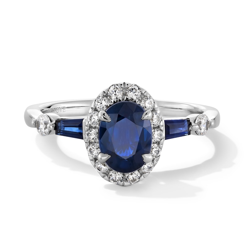 Main Image 1 of Vera Wang Love Collection Oval Blue Sapphire and 1/4 CT. T.W. Diamond Frame Collar Engagement Ring in 14K White Gold
