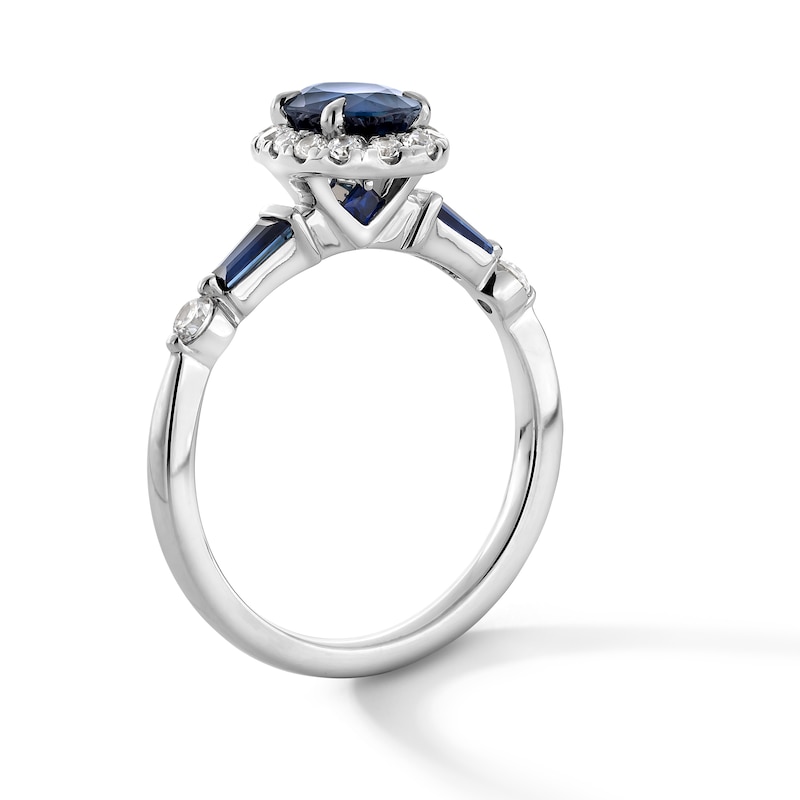 Main Image 2 of Vera Wang Love Collection Oval Blue Sapphire and 1/4 CT. T.W. Diamond Frame Collar Engagement Ring in 14K White Gold