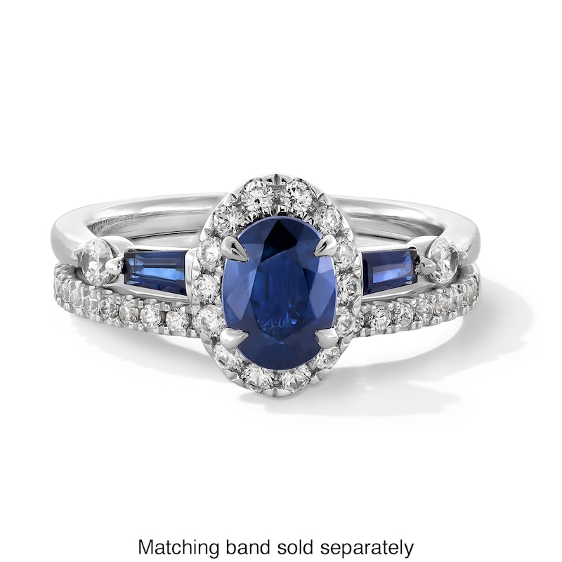 Main Image 4 of Vera Wang Love Collection Oval Blue Sapphire and 1/4 CT. T.W. Diamond Frame Collar Engagement Ring in 14K White Gold