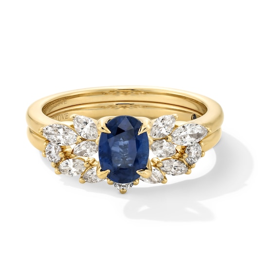 Vera Wang Love Collection Oval Blue Sapphire and 5/8 CT. T.w. Diamond Leaf-Sides Engagement Ring in 14K Gold