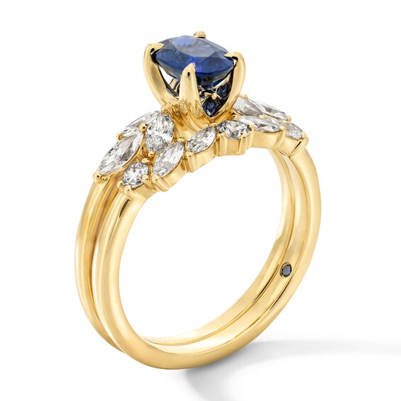Vera Wang Love Collection Oval Blue Sapphire and 5/8 CT. T.w. Diamond Leaf-Sides Engagement Ring in 14K Gold
