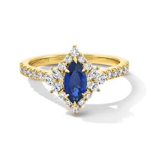 Vera Wang Love Collection Marquise-Cut Blue Sapphire and 5/8 CT. T.W. Diamond Sunburst Engagement Ring in 14K Gold