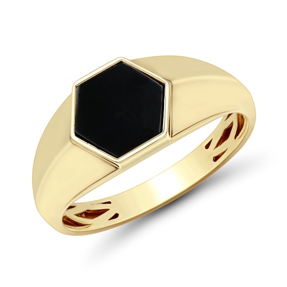 Hexagon-Shaped Onyx Solitaire Signet Ring in 10K Gold