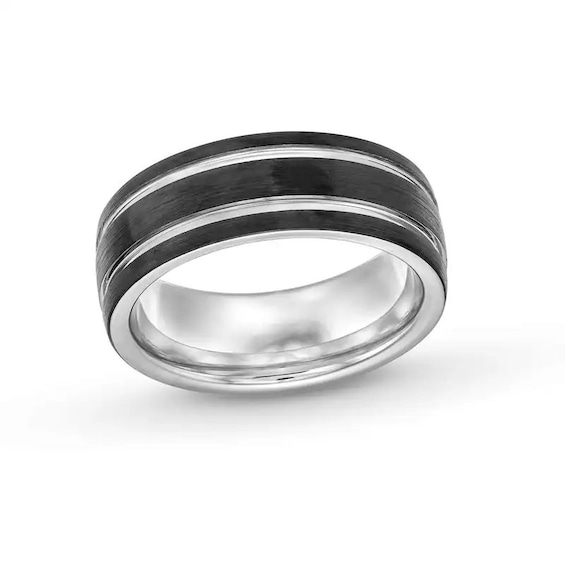 8.0mm Engravable Double Stripe Wedding Band in Tungsten with Black Ion Plate