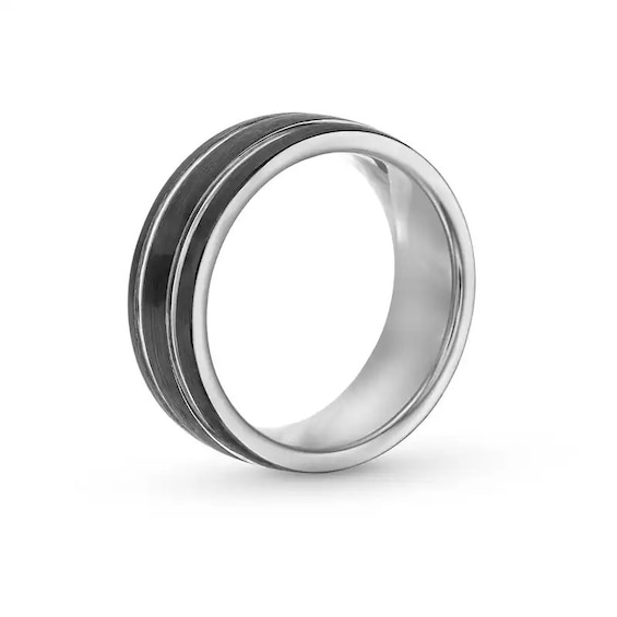 8.0mm Engravable Double Stripe Wedding Band in Tungsten with Black Ion Plate